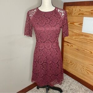 Madewell Magnolia Lace Overlay Short Sleeve Mini Dress in Burgundy Maroon 0